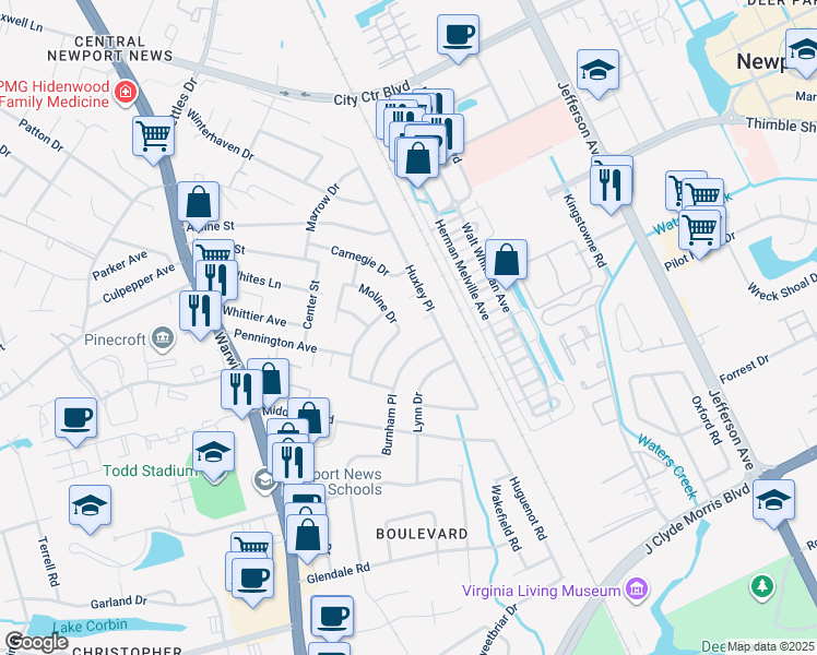 map of restaurants, bars, coffee shops, grocery stores, and more near 126 Moline Drive in Newport News