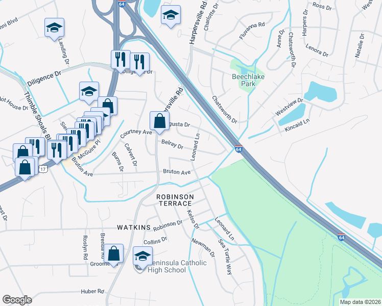 map of restaurants, bars, coffee shops, grocery stores, and more near 721 Nurney Drive in Newport News