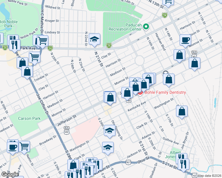 map of restaurants, bars, coffee shops, grocery stores, and more near 201-253 North 21st Street in Paducah