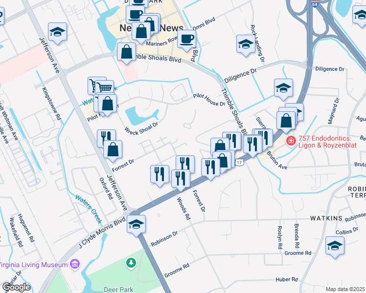 map of restaurants, bars, coffee shops, grocery stores, and more near 821 Forrest Drive in Newport News