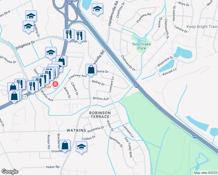 map of restaurants, bars, coffee shops, grocery stores, and more near 721 Nurney Drive in Newport News