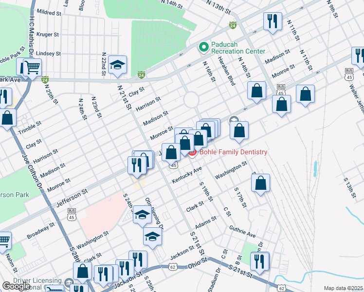 map of restaurants, bars, coffee shops, grocery stores, and more near 1900 Jefferson Street in Paducah