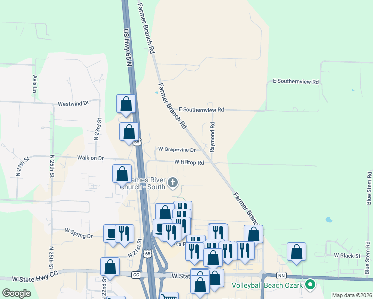 map of restaurants, bars, coffee shops, grocery stores, and more near 1786 West Grapevine Drive in Ozark