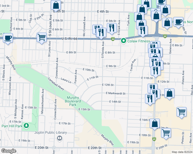 map of restaurants, bars, coffee shops, grocery stores, and more near 2538 East 11th Street in Joplin