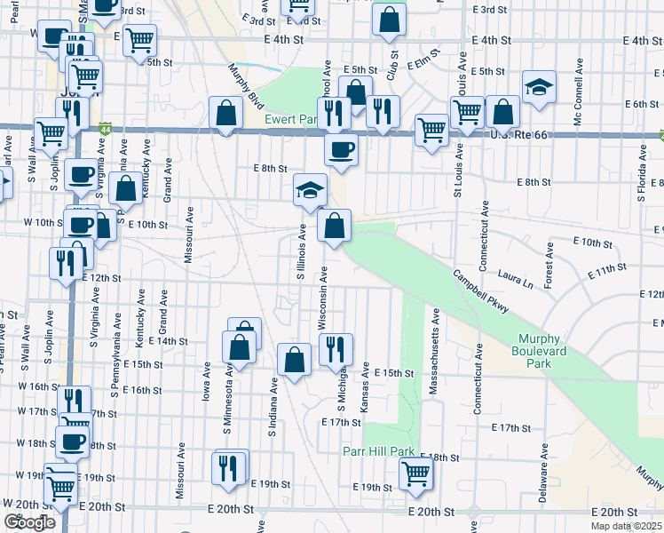 map of restaurants, bars, coffee shops, grocery stores, and more near 1107 Wisconsin Avenue in Joplin