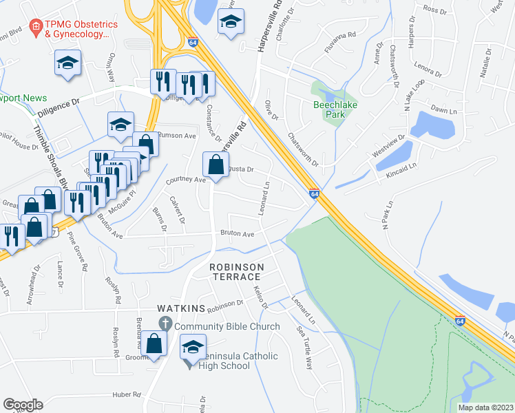 map of restaurants, bars, coffee shops, grocery stores, and more near 721 Nurney Drive in Newport News