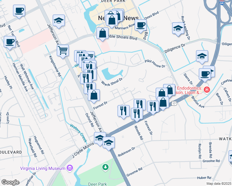 map of restaurants, bars, coffee shops, grocery stores, and more near 518 Purlieu Drive in Newport News