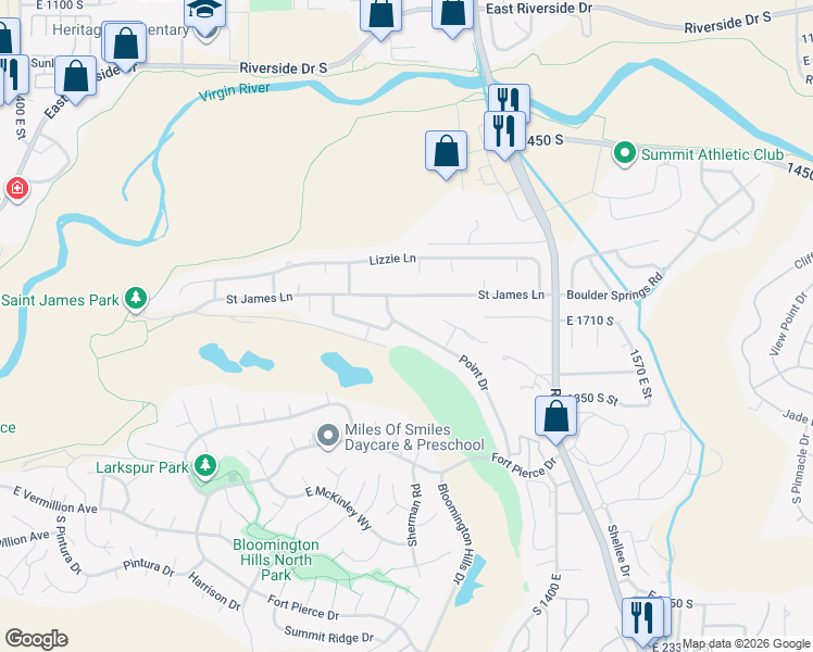 map of restaurants, bars, coffee shops, grocery stores, and more near 1933 Point Drive in Saint George