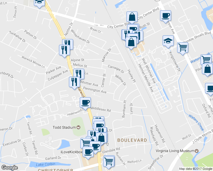 map of restaurants, bars, coffee shops, grocery stores, and more near 123 Edmond Drive in Newport News