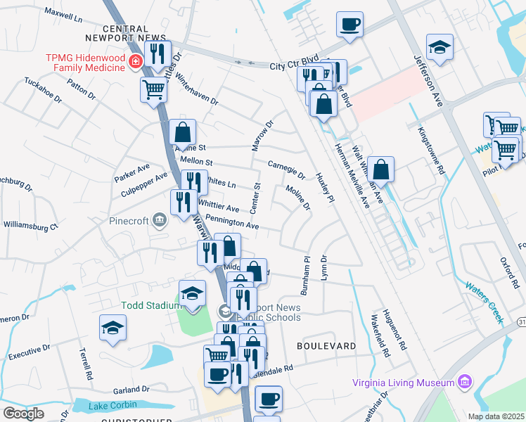 map of restaurants, bars, coffee shops, grocery stores, and more near 123 Edmond Drive in Newport News