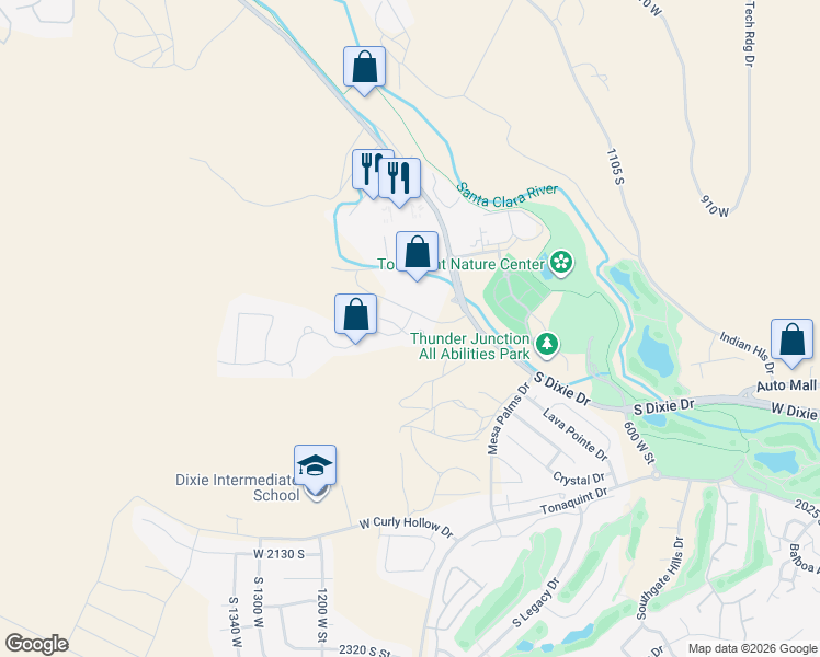 map of restaurants, bars, coffee shops, grocery stores, and more near 1055 Province Way in St. George