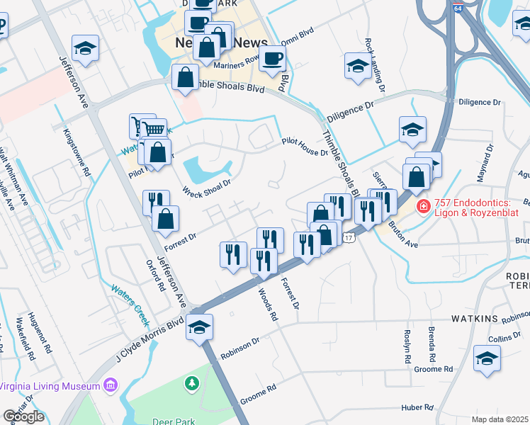 map of restaurants, bars, coffee shops, grocery stores, and more near 821 Forrest Drive in Newport News
