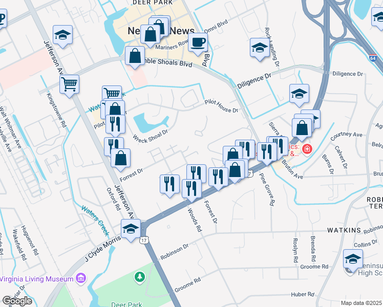 map of restaurants, bars, coffee shops, grocery stores, and more near 821 Forrest Drive in Newport News