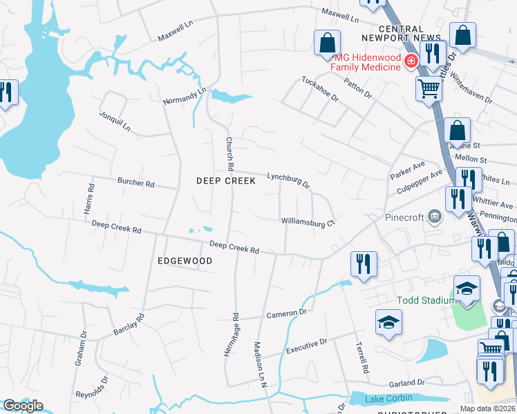 map of restaurants, bars, coffee shops, grocery stores, and more near 315 Williamsburg Court in Newport News