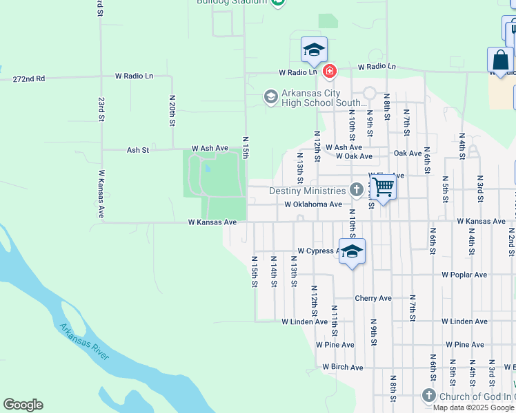 map of restaurants, bars, coffee shops, grocery stores, and more near 1525 West Oklahoma Avenue in Arkansas City