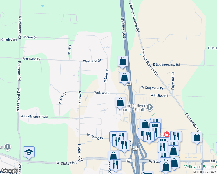 map of restaurants, bars, coffee shops, grocery stores, and more near 2250 Twin Acres Court in Ozark