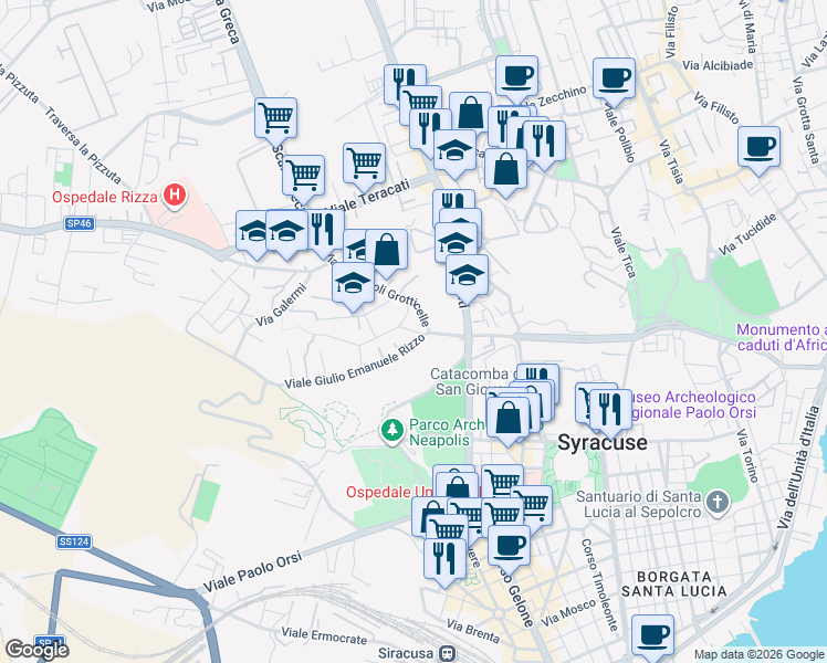 map of restaurants, bars, coffee shops, grocery stores, and more near Via Adolfo Holm in Siracusa