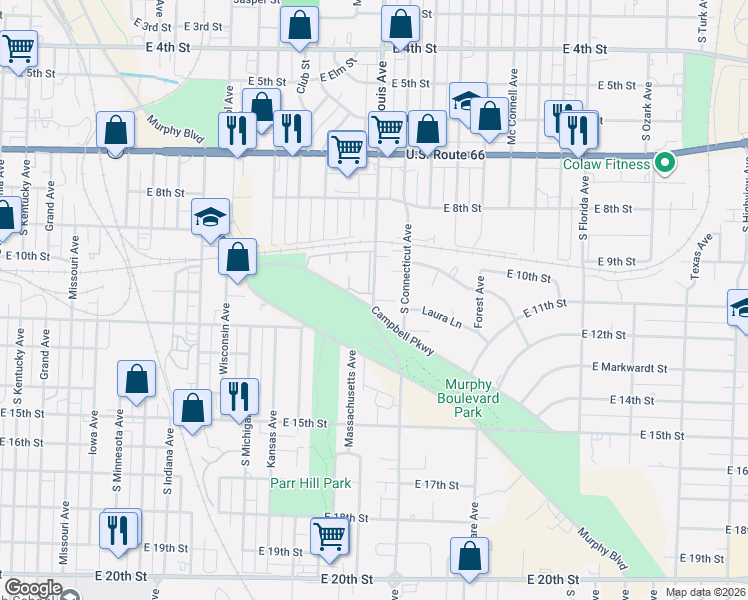 map of restaurants, bars, coffee shops, grocery stores, and more near 1123 Saint Louis Avenue in Joplin