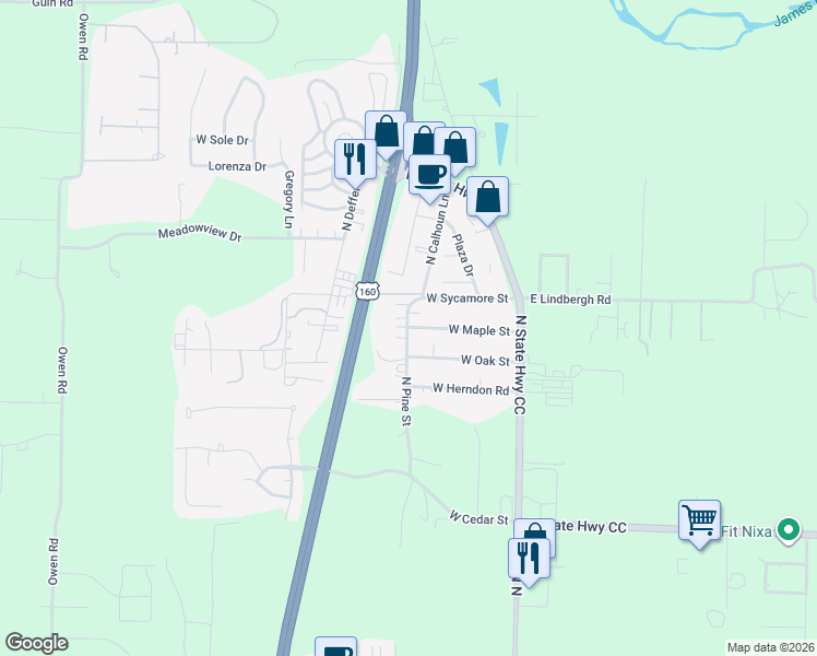 map of restaurants, bars, coffee shops, grocery stores, and more near 298 Maple Street in Nixa