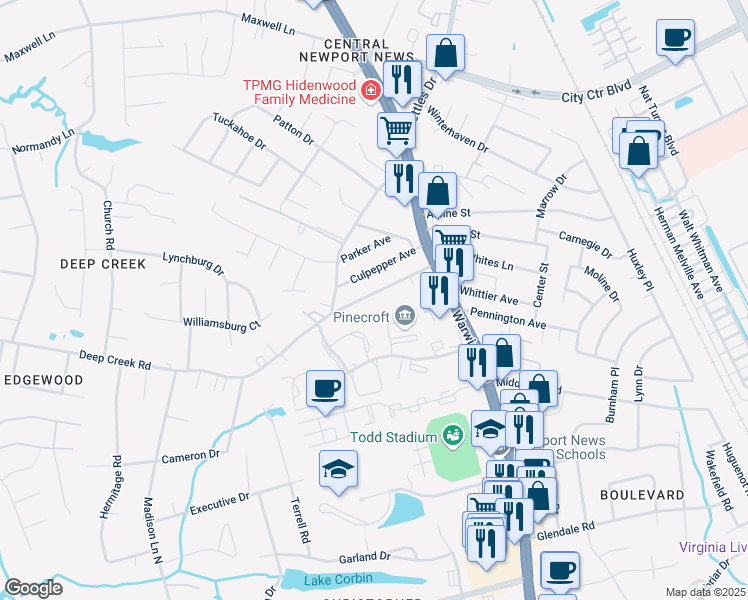 map of restaurants, bars, coffee shops, grocery stores, and more near 36 Deep Creek Road in Newport News