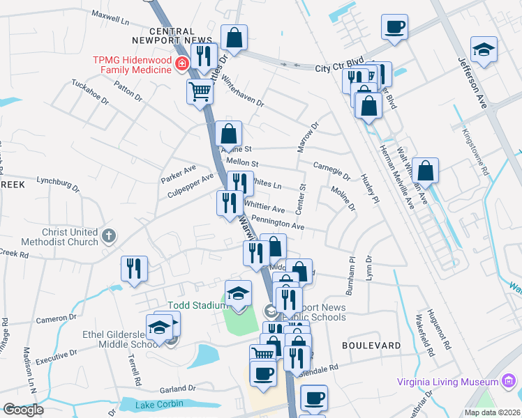 map of restaurants, bars, coffee shops, grocery stores, and more near 7 Pennington Avenue in Newport News