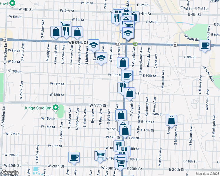 map of restaurants, bars, coffee shops, grocery stores, and more near 1050 S Wall Ave in Joplin