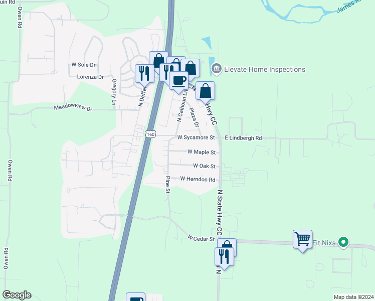 map of restaurants, bars, coffee shops, grocery stores, and more near 203 Maple Street in Nixa
