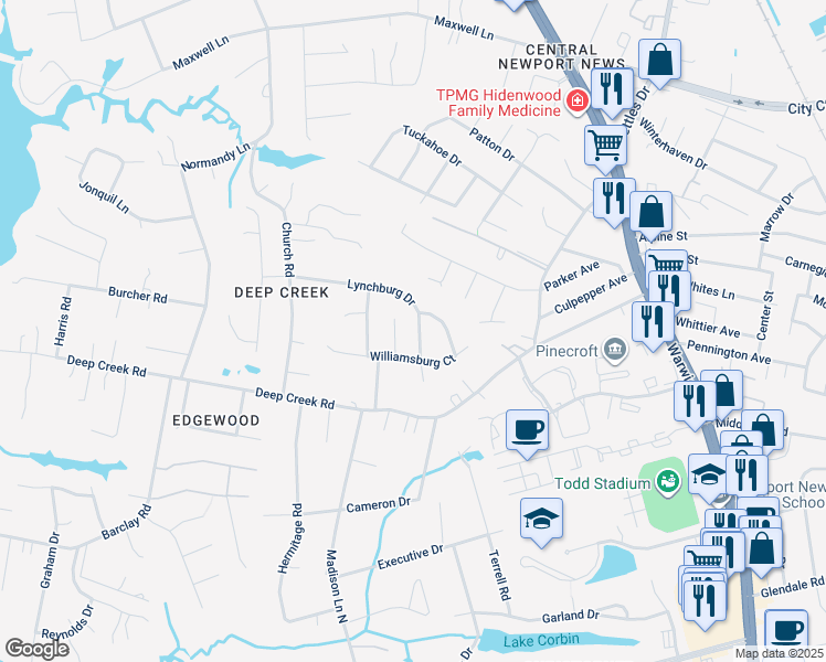 map of restaurants, bars, coffee shops, grocery stores, and more near 344 Lynchburg Drive in Newport News