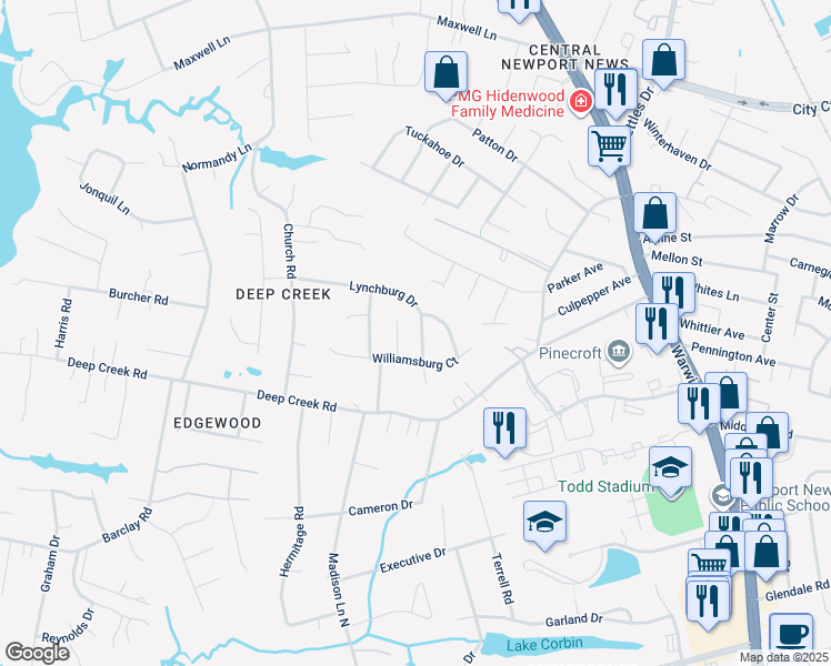 map of restaurants, bars, coffee shops, grocery stores, and more near 344 Lynchburg Drive in Newport News