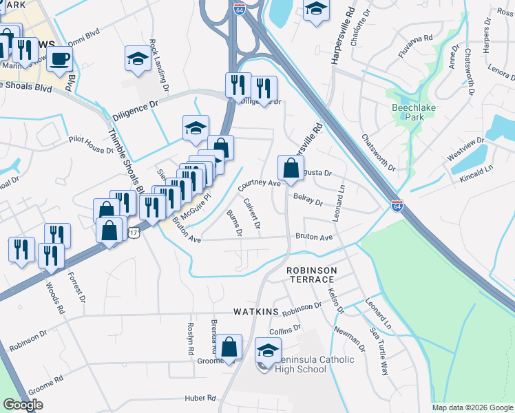 map of restaurants, bars, coffee shops, grocery stores, and more near 10 Calvert Drive in Newport News