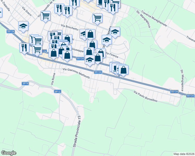 map of restaurants, bars, coffee shops, grocery stores, and more near 133 Via Giacomo Matteotti in Province of Syracuse