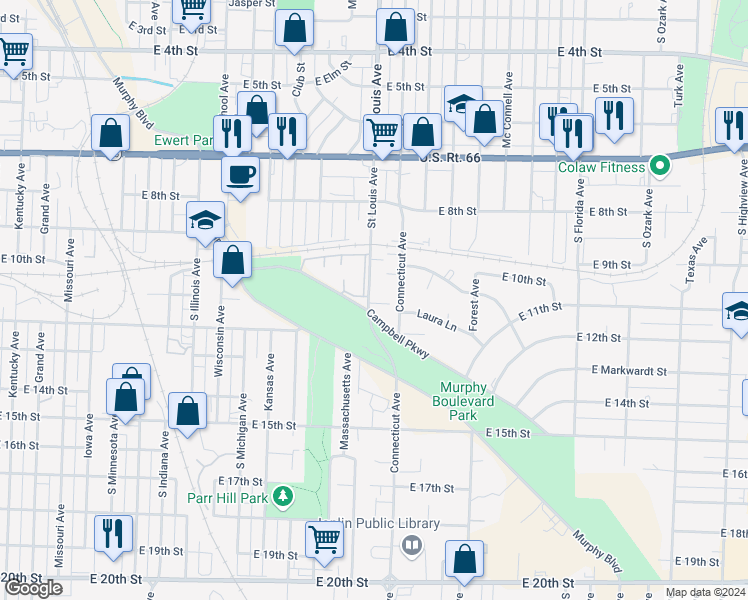 map of restaurants, bars, coffee shops, grocery stores, and more near 1123 South Saint Louis Avenue in Joplin