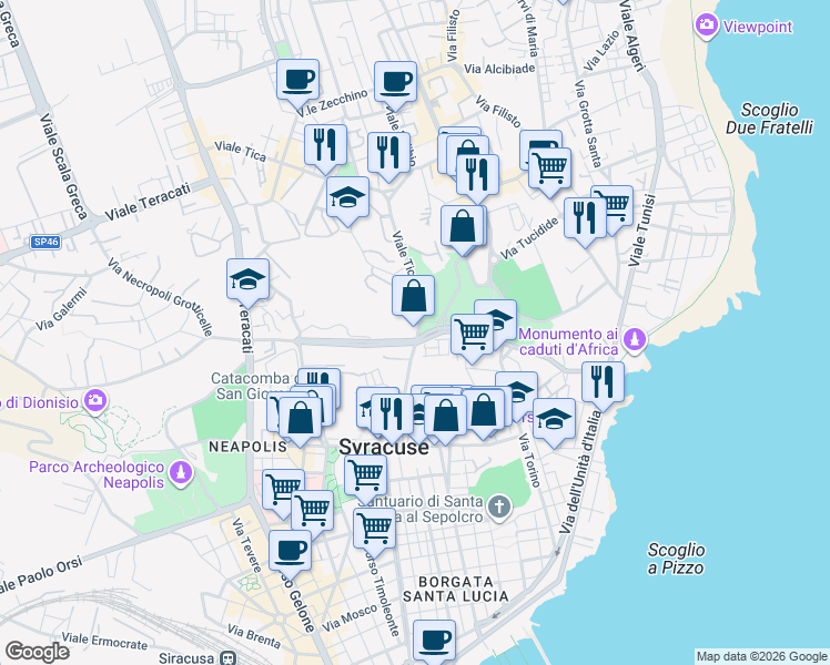 map of restaurants, bars, coffee shops, grocery stores, and more near 40 Via Von Platen Augusto in Siracusa