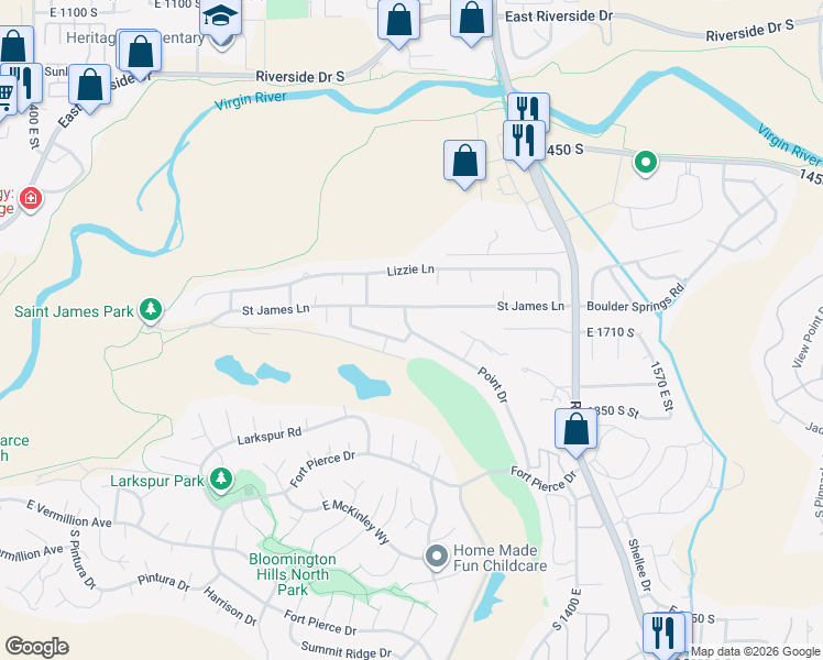 map of restaurants, bars, coffee shops, grocery stores, and more near 1094 East 1720 South in St. George