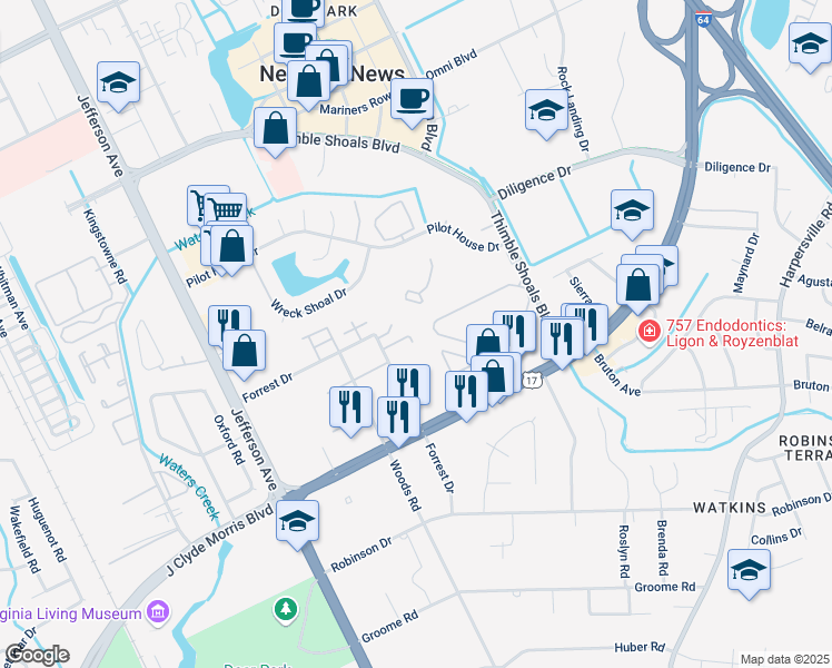 map of restaurants, bars, coffee shops, grocery stores, and more near 821 Forrest Drive in Newport News