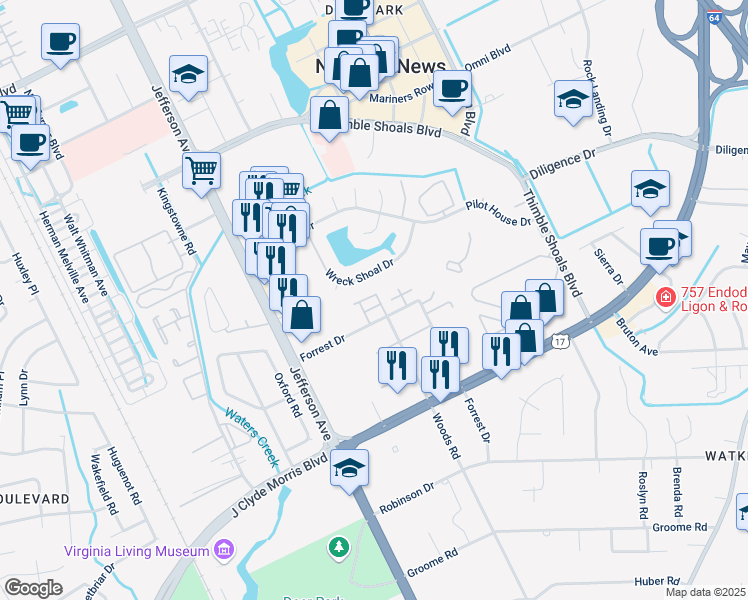 map of restaurants, bars, coffee shops, grocery stores, and more near 26 Forrest Drive in Newport News
