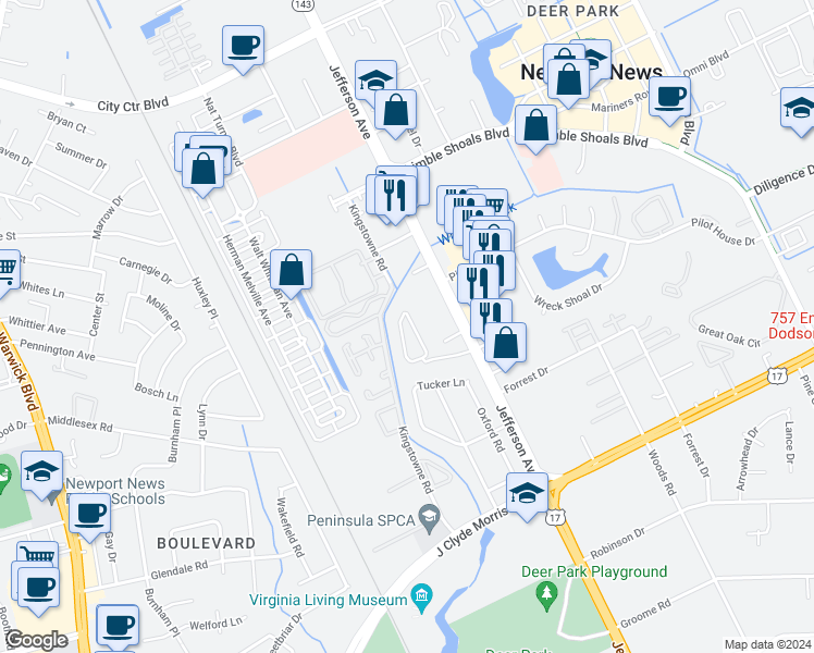 map of restaurants, bars, coffee shops, grocery stores, and more near 121 Candlewood Way in Newport News