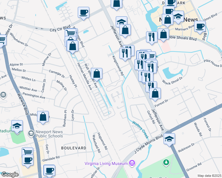 map of restaurants, bars, coffee shops, grocery stores, and more near 7 Dorsey Road in Newport News