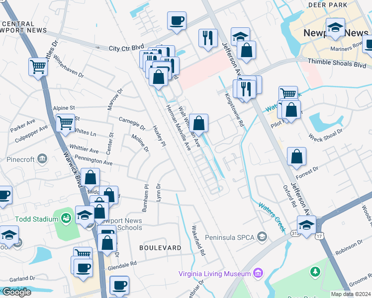 map of restaurants, bars, coffee shops, grocery stores, and more near 299 Herman Melville Avenue in Newport News