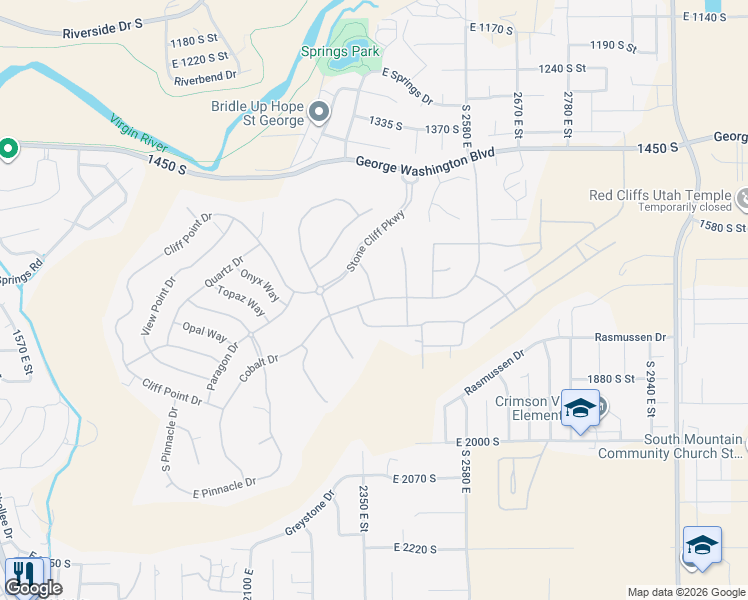 map of restaurants, bars, coffee shops, grocery stores, and more near 1508 Cliff Rose Drive in St. George