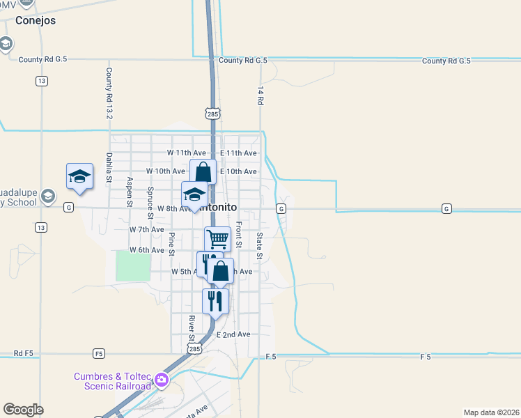 map of restaurants, bars, coffee shops, grocery stores, and more near County Road G in Antonito
