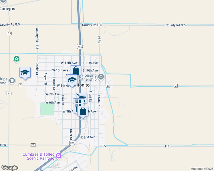 map of restaurants, bars, coffee shops, grocery stores, and more near 14000-14218 Co Road G in Antonito