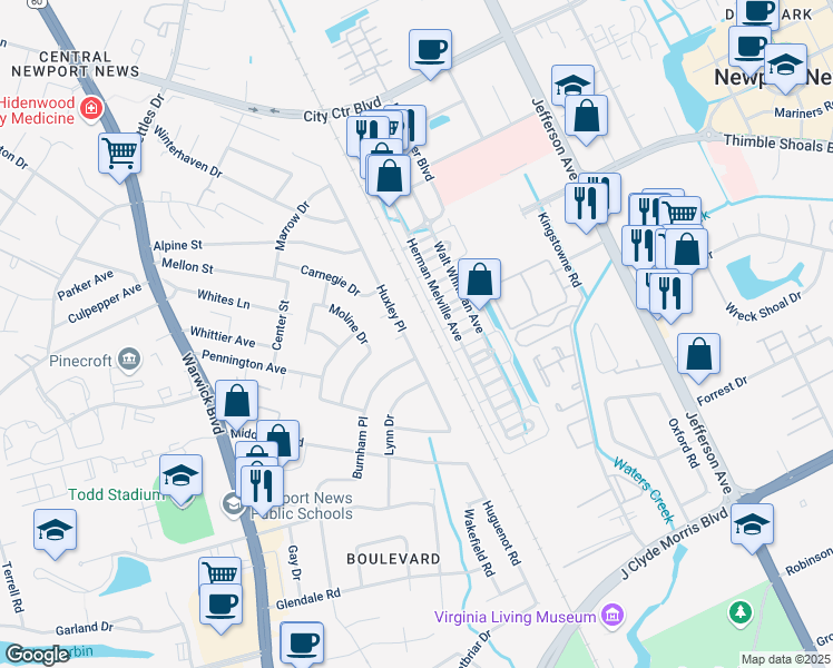 map of restaurants, bars, coffee shops, grocery stores, and more near 101 Huxley Place in Newport News