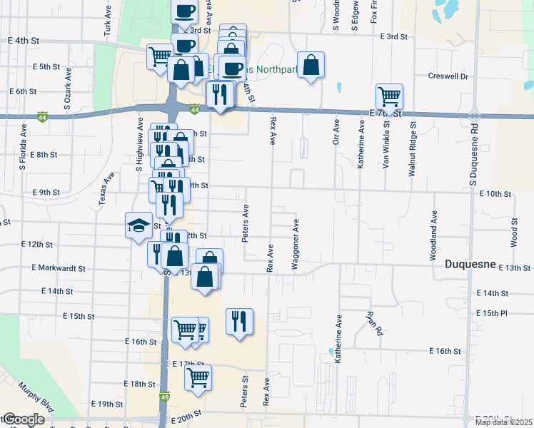 map of restaurants, bars, coffee shops, grocery stores, and more near 1102 Rex Avenue in Joplin