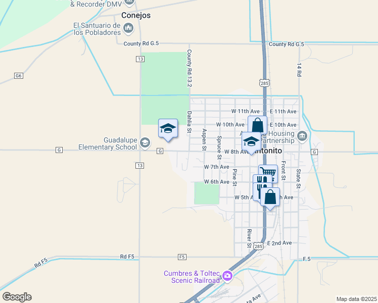 map of restaurants, bars, coffee shops, grocery stores, and more near 900 West 8th Avenue in Antonito
