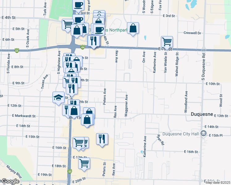 map of restaurants, bars, coffee shops, grocery stores, and more near 1102-1198 Rex Ave in Joplin