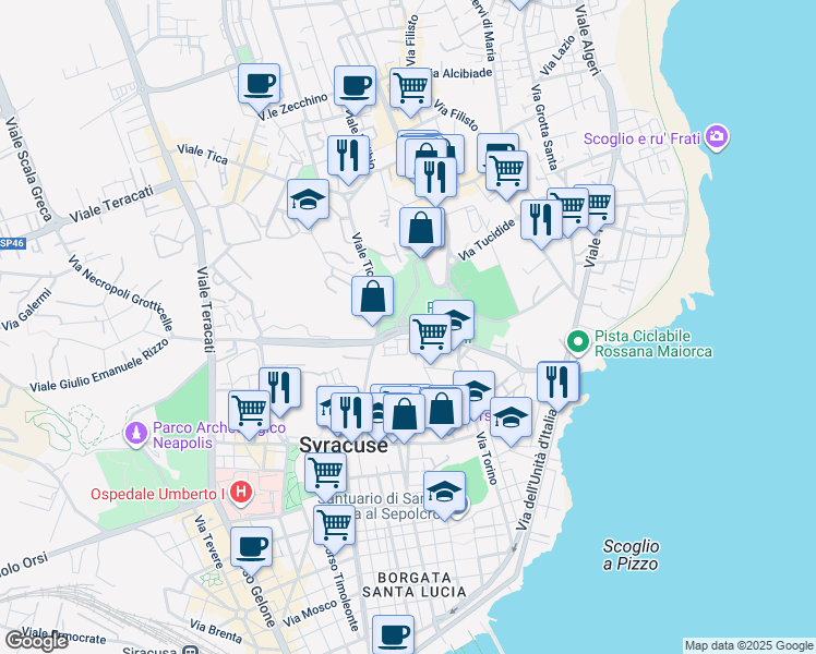 map of restaurants, bars, coffee shops, grocery stores, and more near Via Alessandria in Syracuse