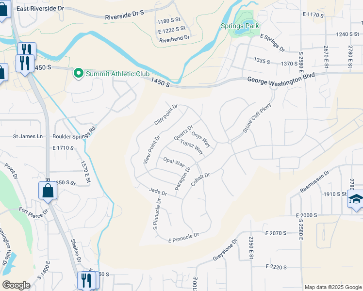 map of restaurants, bars, coffee shops, grocery stores, and more near 2054 Topaz Way in St. George