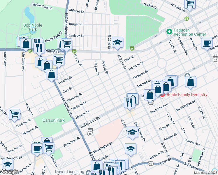 map of restaurants, bars, coffee shops, grocery stores, and more near 2400 Madison Street in Paducah