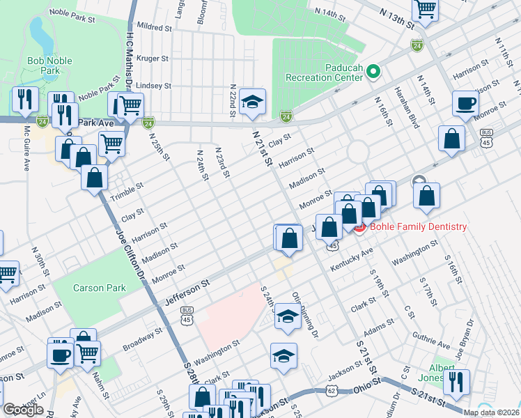 map of restaurants, bars, coffee shops, grocery stores, and more near 301-345 N 23rd St in Paducah